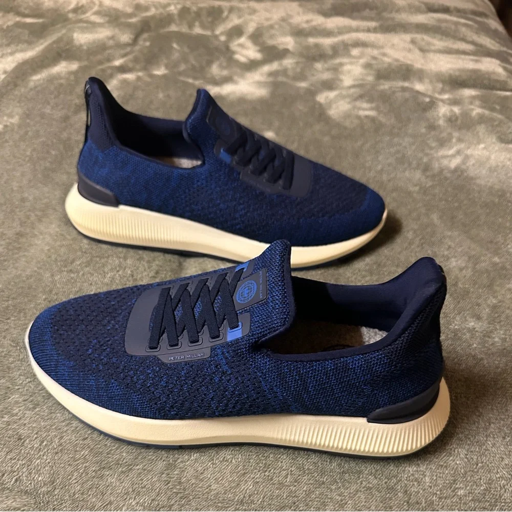 Peter Millar Navy Knit Slip-On Athletic Sneaker with Cream Sole